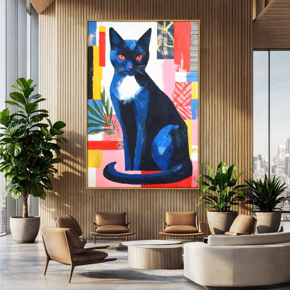 Tablou canvas cu tablou canvas cu pisica albastra stilizata, in rama de aluminiu auriu, pe perete intr-un birou
